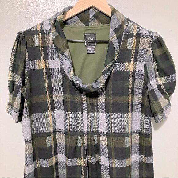 JH Green Tartan Dress with Cowl Neck and Short Sleeves Size Large - Picture 2 of 6